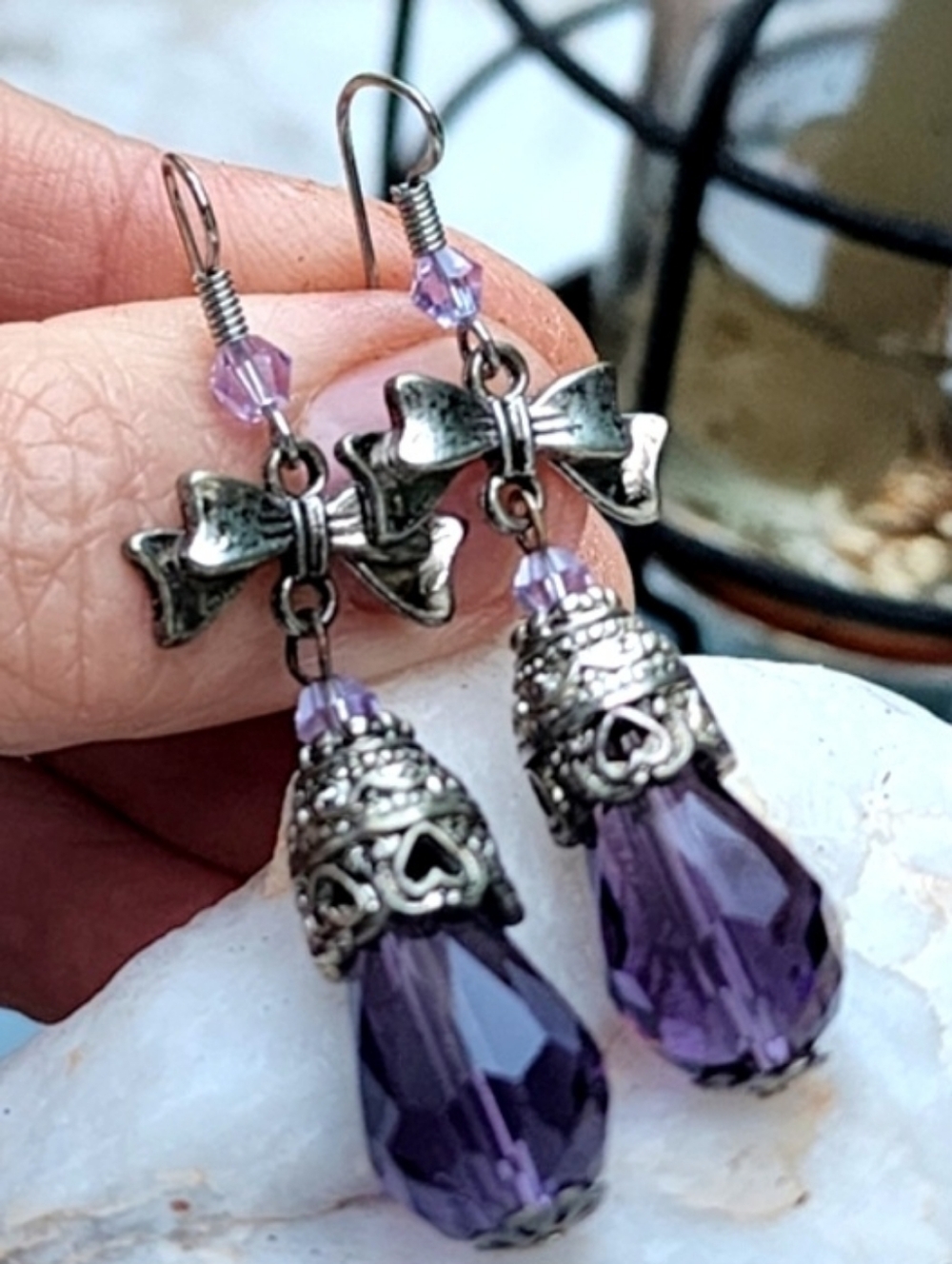 ❤️ Purple Earrings Vintage Silver Dangling Sparkling Teardrop Bow Crystals